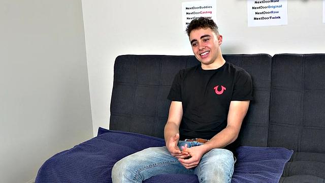 Casting jock strokes shaft for cumshot in solo action