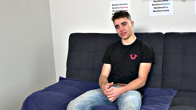 Casting jock strokes shaft for cumshot in solo action