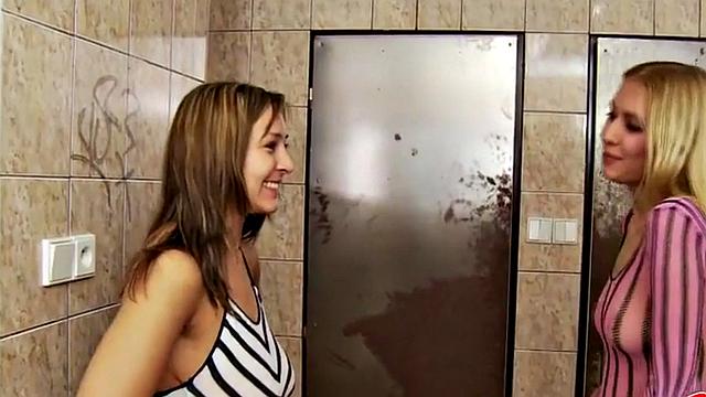 Mean CFNM femdoms pegging their submissive in threesome