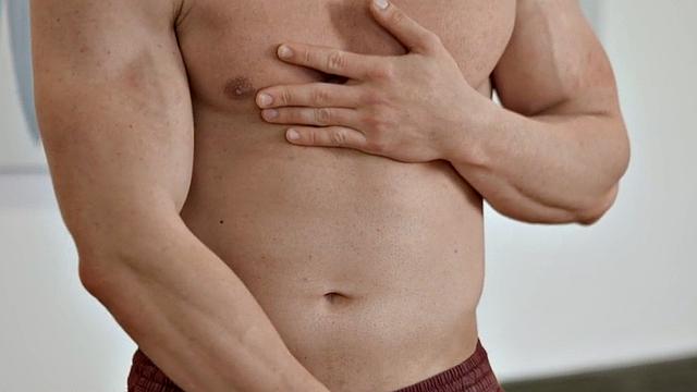 Muscular perv jock solo wanking cock and licking cum