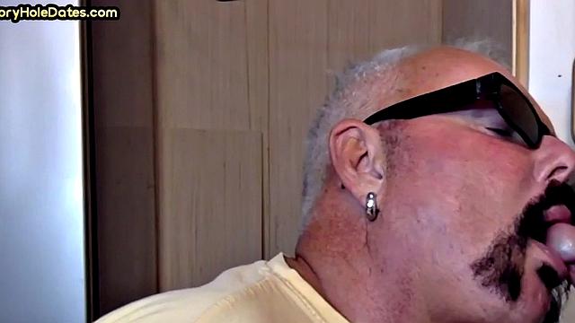 Grayhair gloryhole DILF sucks in private closeup video