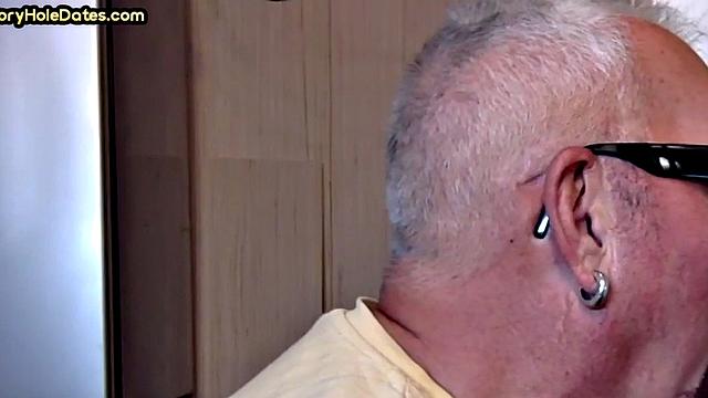 Grayhair gloryhole DILF sucks in private closeup video