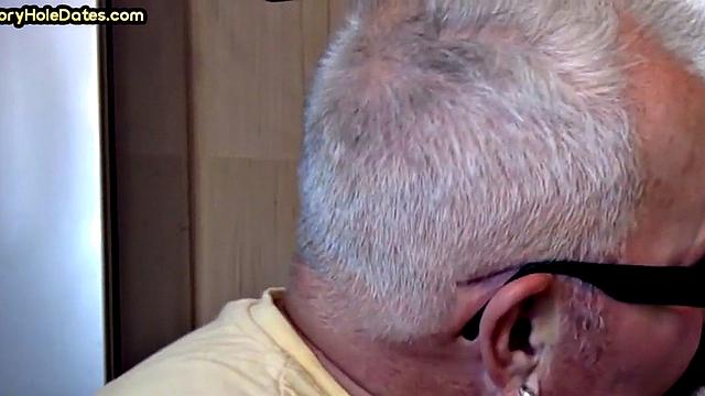 Grayhair gloryhole DILF sucks in private closeup video