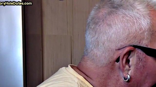 Grayhair gloryhole DILF sucks in private closeup video