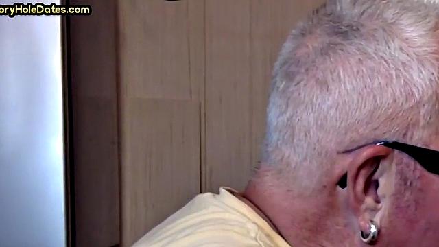 Grayhair gloryhole DILF sucks in private closeup video