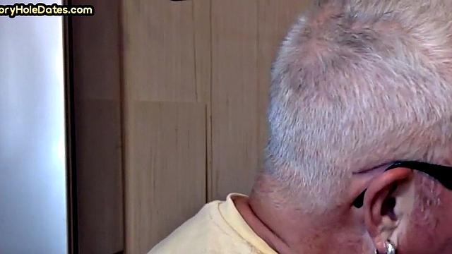Grayhair gloryhole DILF sucks in private closeup video