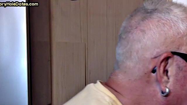Grayhair gloryhole DILF sucks in private closeup video