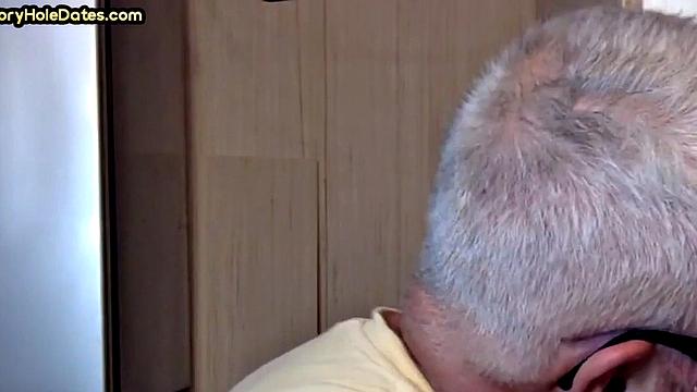 Grayhair gloryhole DILF sucks in private closeup video