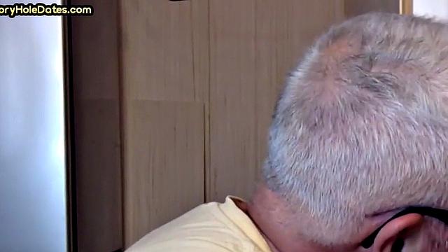 Grayhair gloryhole DILF sucks in private closeup video