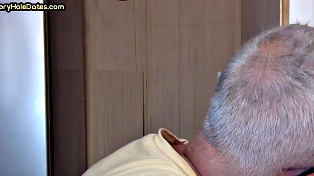 Grayhair gloryhole DILF sucks in private closeup video