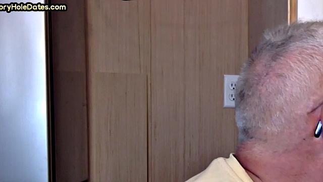 Grayhair gloryhole DILF sucks in private closeup video