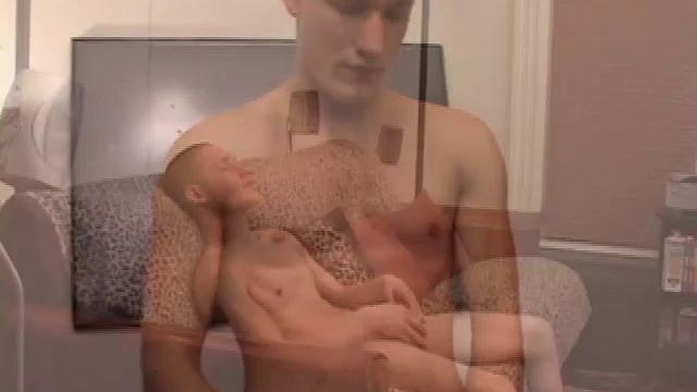 We look in on Jay Rilly, already naked and stroking his cock while watching a porn video. He works his stiff meat with both hands and soon launches a load of warm cum straight onto his face.