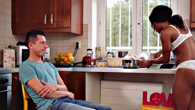 Stepmom with black booty rides cock in the kitchen after a steamy cunnilingus