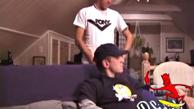 Noah sits next to Kullen and it's not long before their pants are off and they're telling each other how horny they are. Both stroke themselves through their underwear.