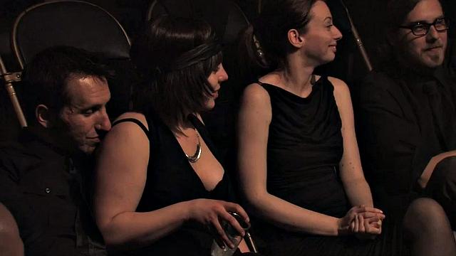 BDSM public slut sucks in front voyeurs while Hitachi toyed