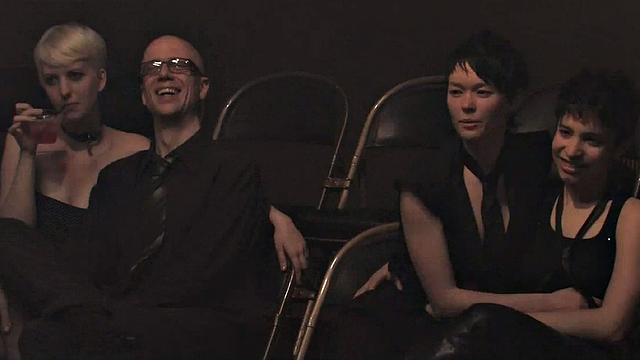 BDSM public slut sucks in front voyeurs while Hitachi toyed