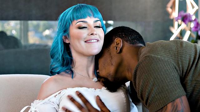 Big-titted dirty-talking babe riding BBC after foreplay