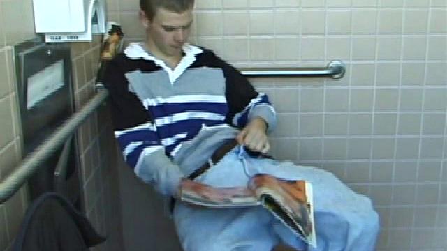 In the men's room, Christian flips through a stack of porn magazines, looking for the girl of the moment. Dropping pants, Christian gets into a firm jack off, especially noisy with liberal lubrication.