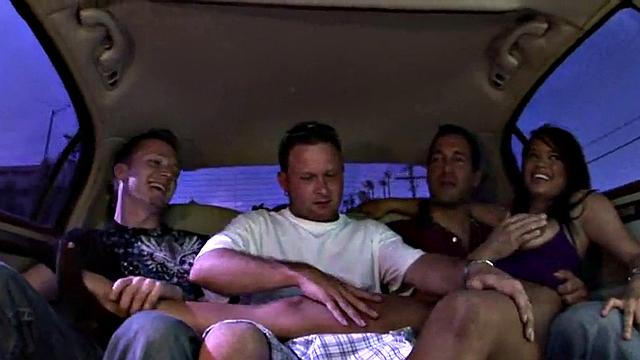 Hot slut riding cock in threesome action