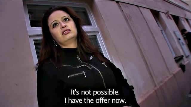 This busty brunette gets her trimmed pussy drilled in public while she fantasies about work