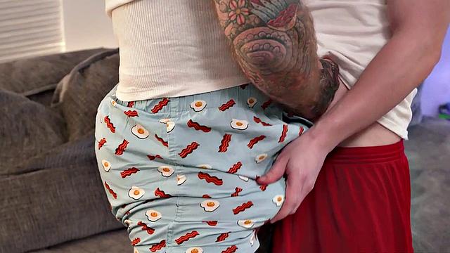 Stepdaddy with tattooed bareback fucks stepson