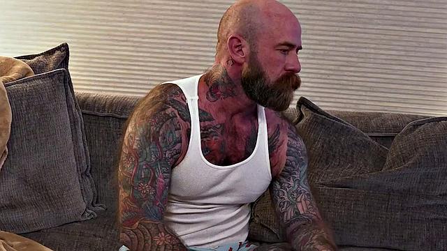 Stepdaddy with tattooed bareback fucks stepson