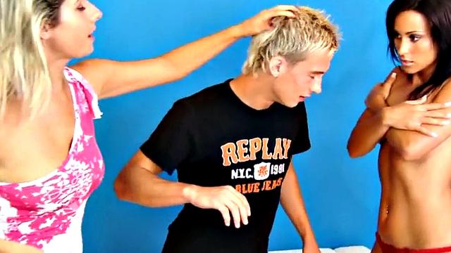 CFNM strapon domme pegging submissive in threesome
