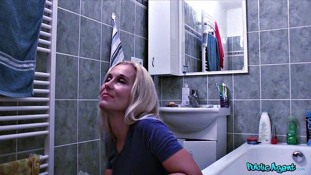 Blonde amateur gets a surprise from a stranger while washing the machine