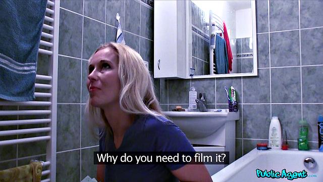 Blonde amateur gets a surprise from a stranger while washing the machine