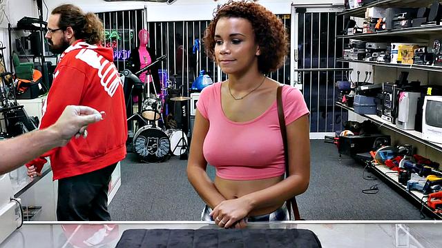 Curvy black pawnshop beauty fucked in shop after rubbing