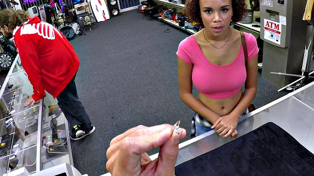 Curvy black pawnshop beauty fucked in shop after rubbing