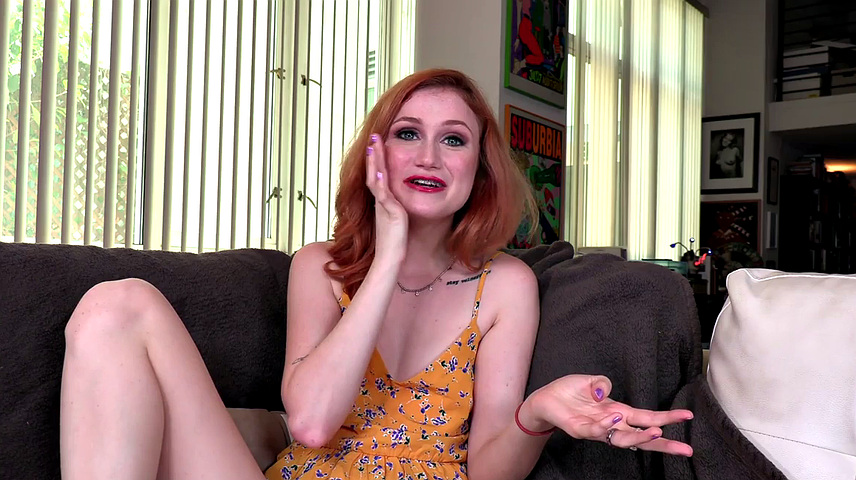 Redhead teen with glasses gives a steamy POV blowjob and handjob in erotic dress