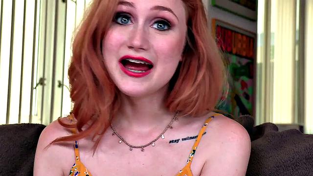 Redhead teen with glasses gives a steamy POV blowjob and handjob in erotic dress