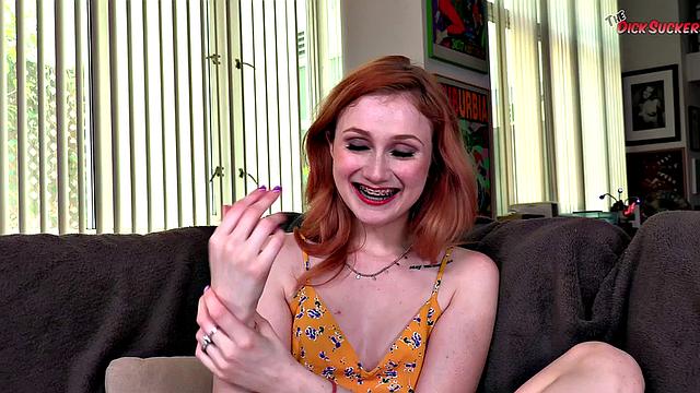 Ginger braces babe sucking pov cock in erotic couple