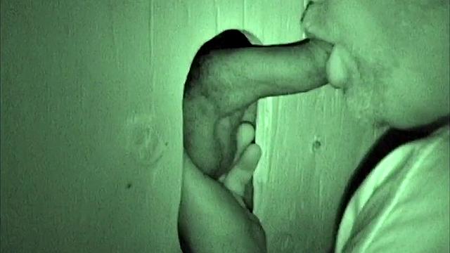 Using a night vision camera, Bob records a glory hole session of him sucking off Walter. It doesn't take long for Bob to suck that limp dick until it's rock hard.
