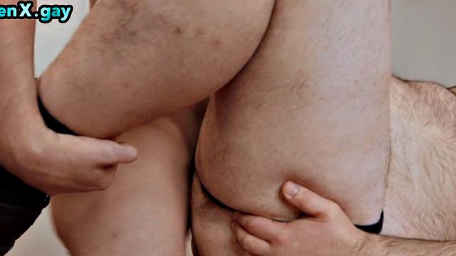 Fat man with hairy body bareback banged by twink