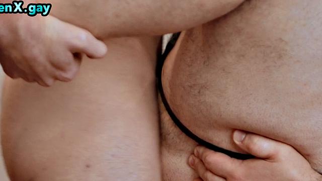 Fat man with hairy body bareback banged by twink