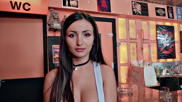 Brunette Barmaid gets laid in the office again in a hot threesome with a handjob and doggystyle action