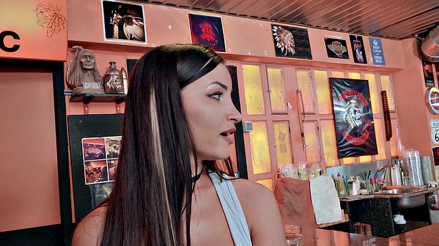 Brunette Barmaid gets laid in the office again in a hot threesome with a handjob and doggystyle action