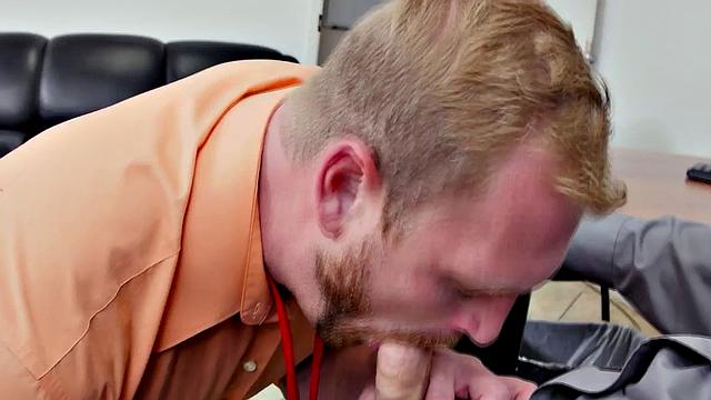 Muscular office guy gives his boss a sloppy BJ after a steamy BJ session