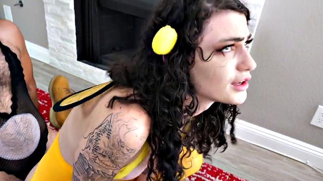 Thick GF Cockriding Bisexual BF in Interracial Threesome