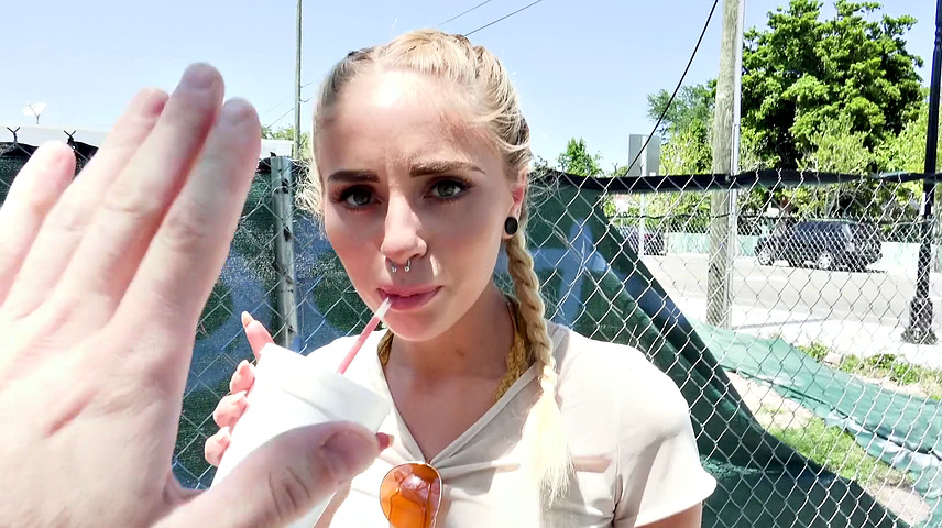 Naughty Blonde in Glasses Bangs in Public with G-string, Pigtails, and Piercing