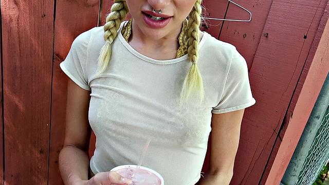 Naughty Blonde in Glasses Bangs in Public with G-string, Pigtails, and Piercing