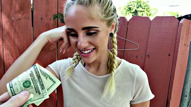 Naughty Blonde in Glasses Bangs in Public with G-string, Pigtails, and Piercing