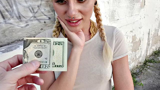 Naughty Blonde in Glasses Bangs in Public with G-string, Pigtails, and Piercing