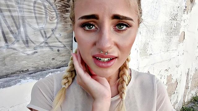 Naughty Blonde in Glasses Bangs in Public with G-string, Pigtails, and Piercing