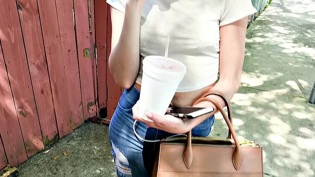 Naughty Blonde in Glasses Bangs in Public with G-string, Pigtails, and Piercing