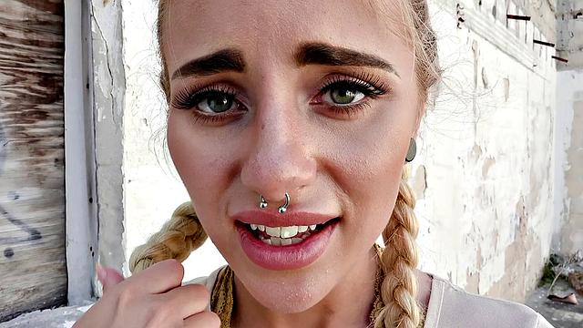 Naughty Blonde in Glasses Bangs in Public with G-string, Pigtails, and Piercing