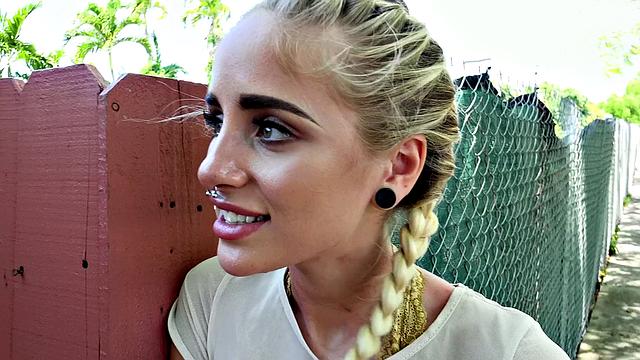 Naughty Blonde in Glasses Bangs in Public with G-string, Pigtails, and Piercing