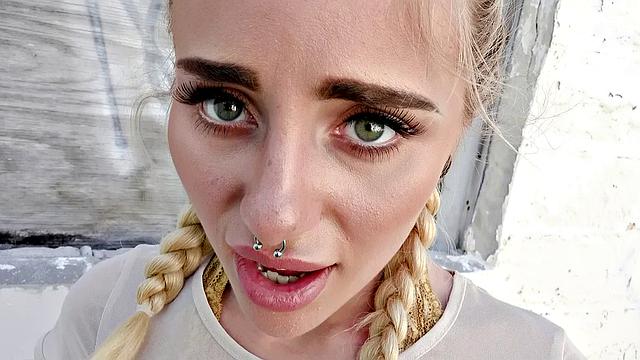 Naughty Blonde in Glasses Bangs in Public with G-string, Pigtails, and Piercing